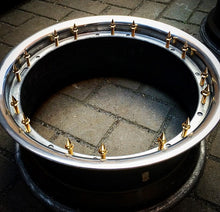 Load image into Gallery viewer, Gold Spiked Steel Split Rim Bolts - M7 x 24mm